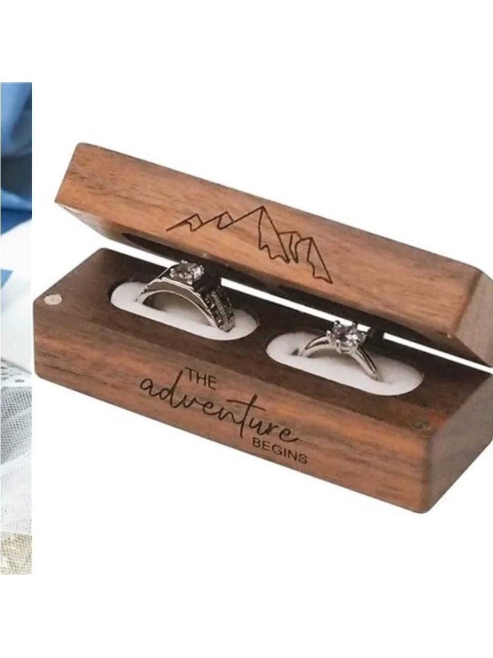 Engraved Flip Wooden 2 Ring box for wedding -Rustic Vintage Solid Wood rectangle